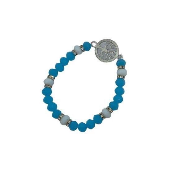 Blue White Beaded Silver-Tone Tree of Life Pendant Rhinestone Stretch Bracelet - Picture 11 of 12